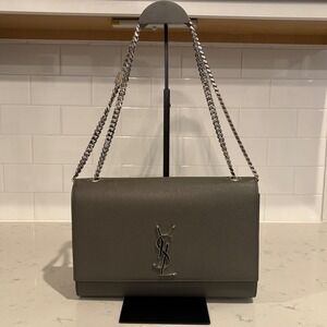 Saint Laurent Gray Grain De Poudre Large Kate Shoulder Bag Silver YSL